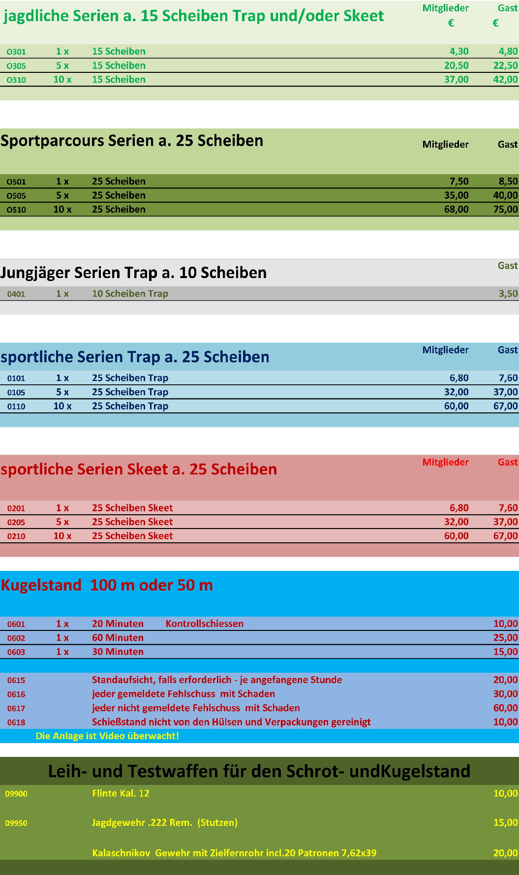 Preisliste Serien Wurfscheiben  und Kugelstand